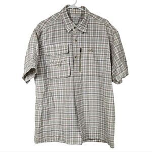 Natural Gear Fishing Shirt Men’s Large Vented Zip Pocket Short Sleeve Tan Plaid